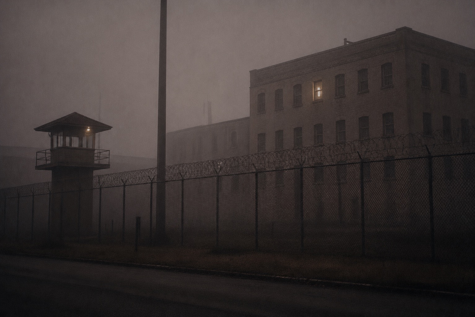Exterior de una prisión estatal en la niebla, con torre de vigilancia y una ventana iluminada